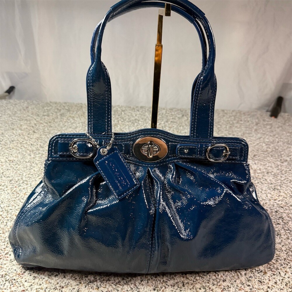 Coach Satchel Top  Handle Bag Womens Medium Blue Pleated Turnlock Hangtag